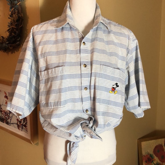 Vintage WALT DISNEY sz Medium Buttonfront Stripe Embroidered Mickey Mouse Cotton - Picture 1 of 16